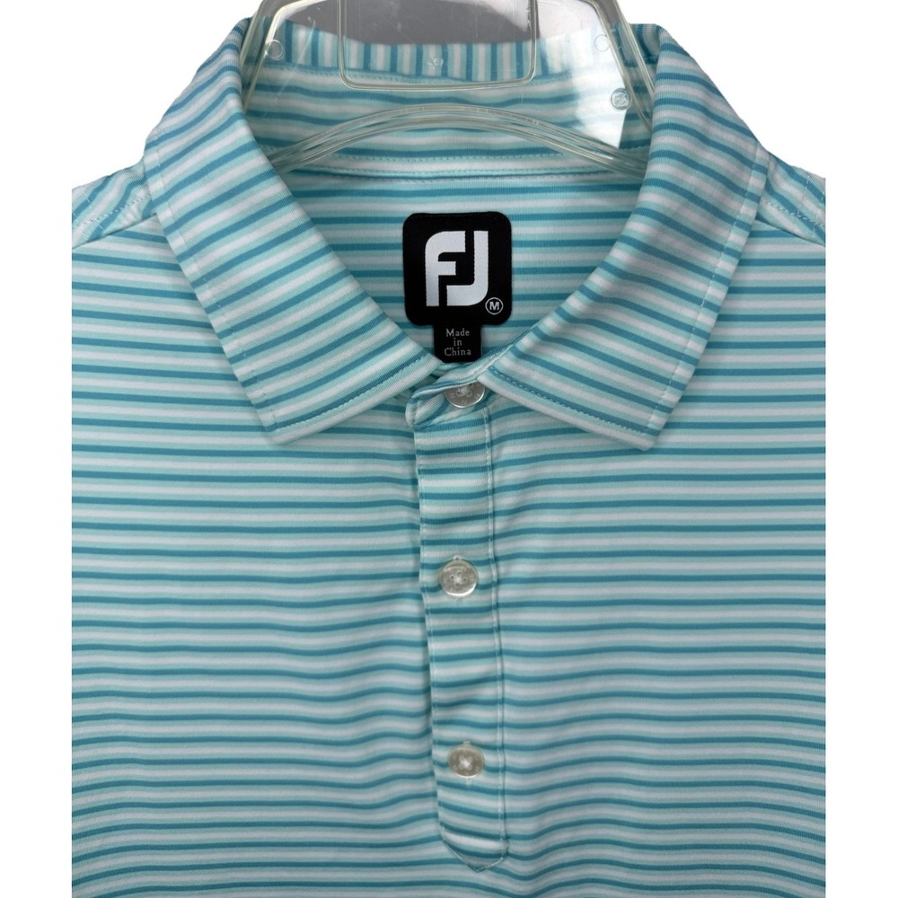 FootJoy FJ Men's Medium Aqua Blue White Striped Stretch Golf Short Sleeve Polo